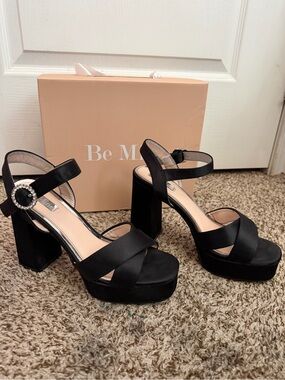 Be Mine Black Satin Platform Block Heel Sandals – Size 8
